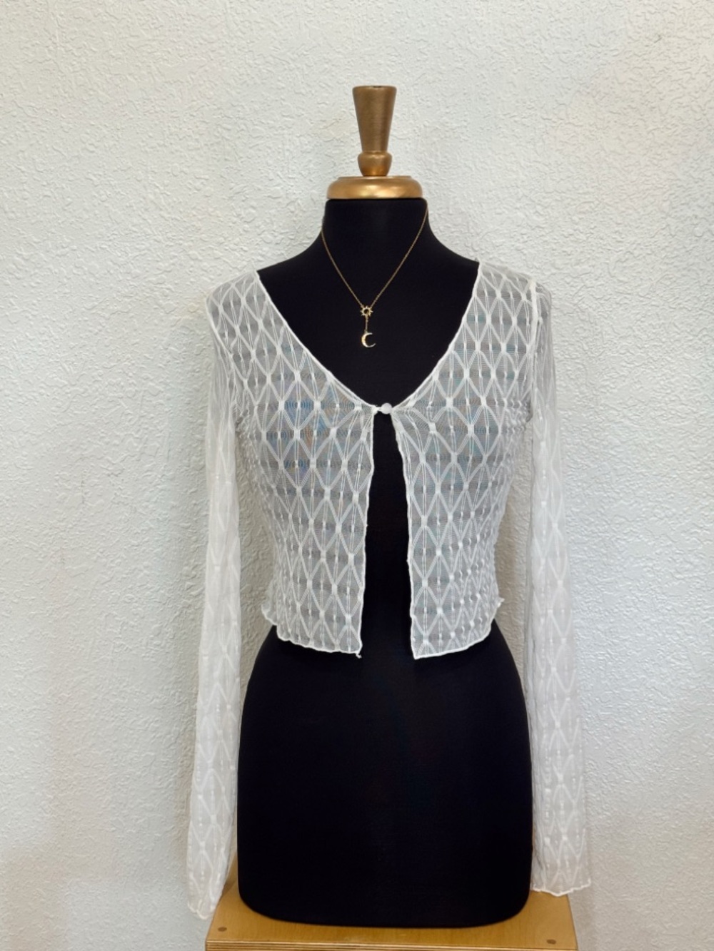Sheer Ivory Textured Long Sleeve Cropped Top Button Front